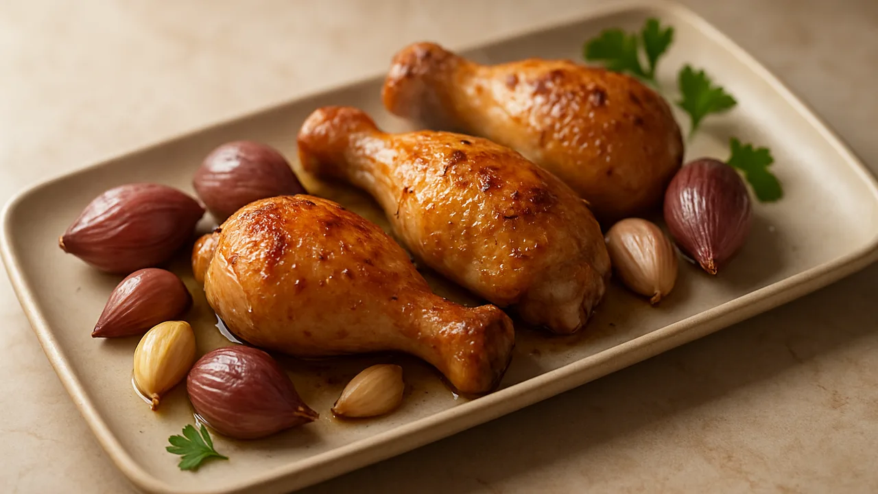 Hähnchenschenkel-Schalotte-Pfanne aus dem Airfryer mit Hähnchenschenkel und Schalotten, auf beigem Marmor angerichtet.