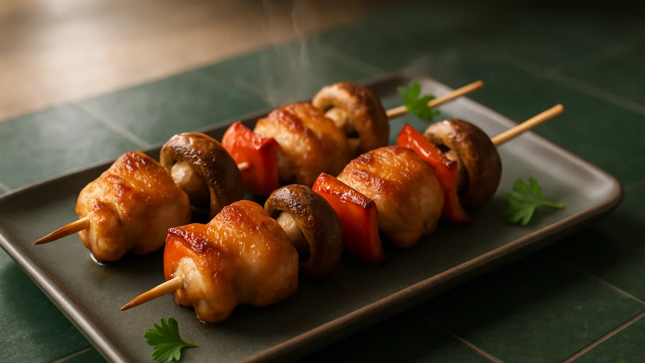 Hähnchenschenkel-Spieße mit Champignons aus dem Airfryer mit Hähnchenschenkel, entbeint und Champignons, auf dunkelgrünen …
