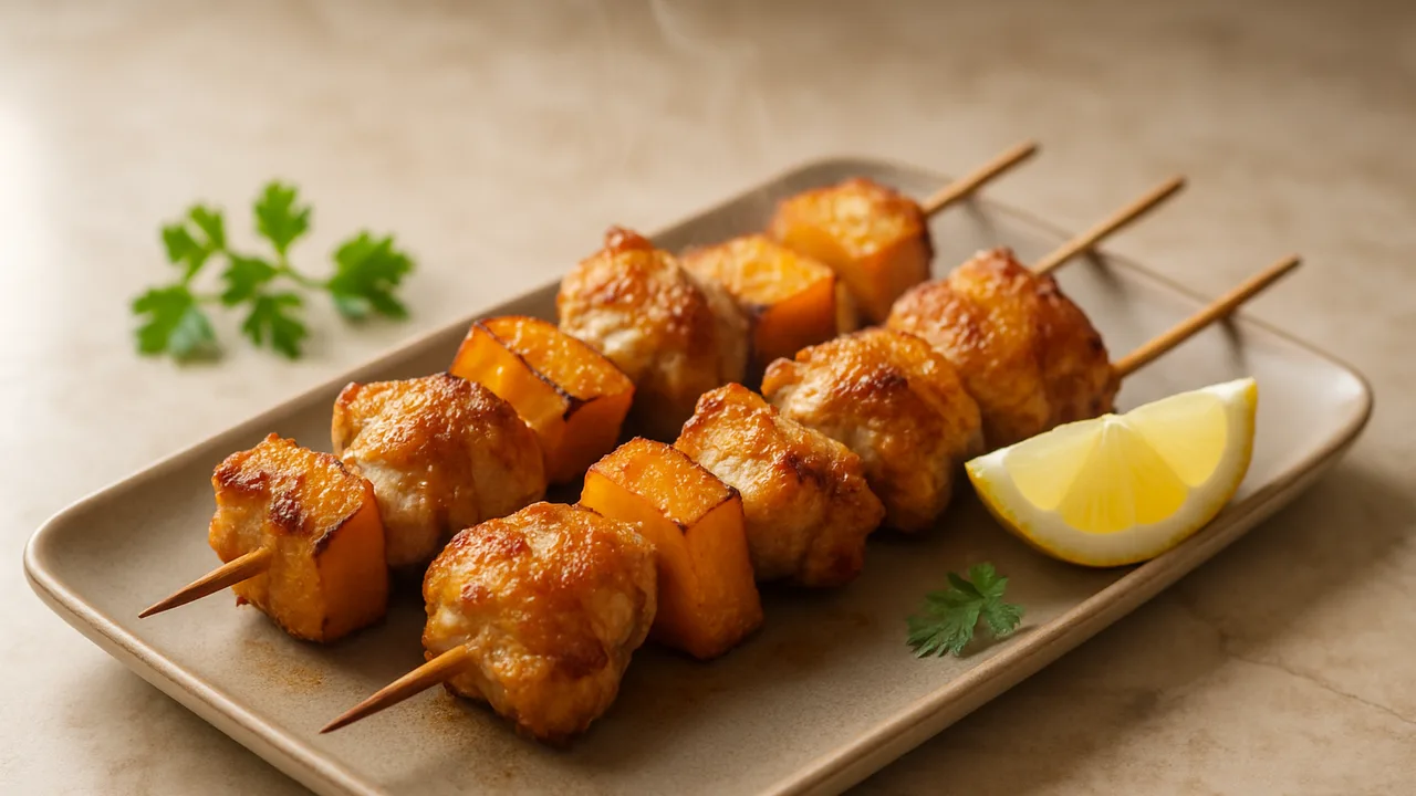 Hähnchenschenkel-Spieße mit Kürbis aus dem Airfryer mit Hähnchenschenkelfilets und Kürbis, auf beigem Marmor angerichtet.