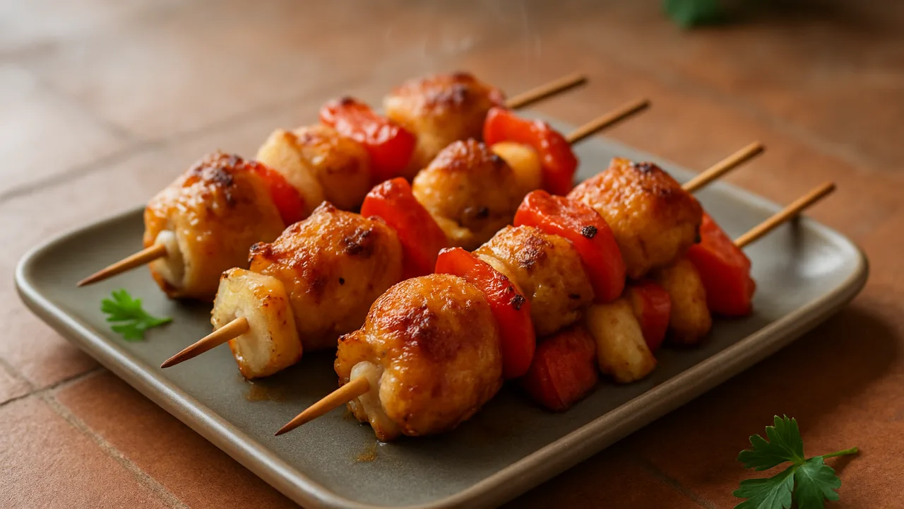 Hähnchenschenkel-Spieße mit Pastinake aus dem Airfryer mit Hähnchenschenkel und Pastinake, auf Terracotta-Fliesen …