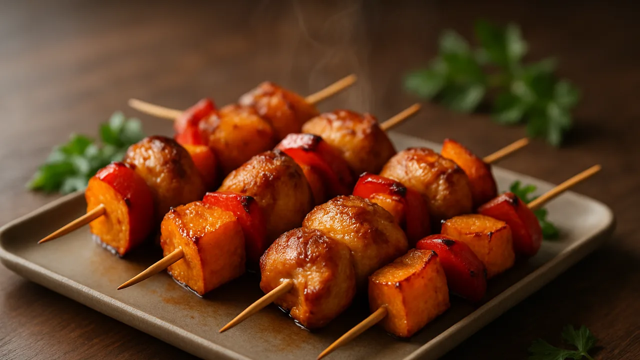 Hähnchenschenkel-Spieße mit Süßkartoffel aus dem Airfryer mit Hähnchenschenkel und Süßkartoffel, auf dunklem Walnussholz …