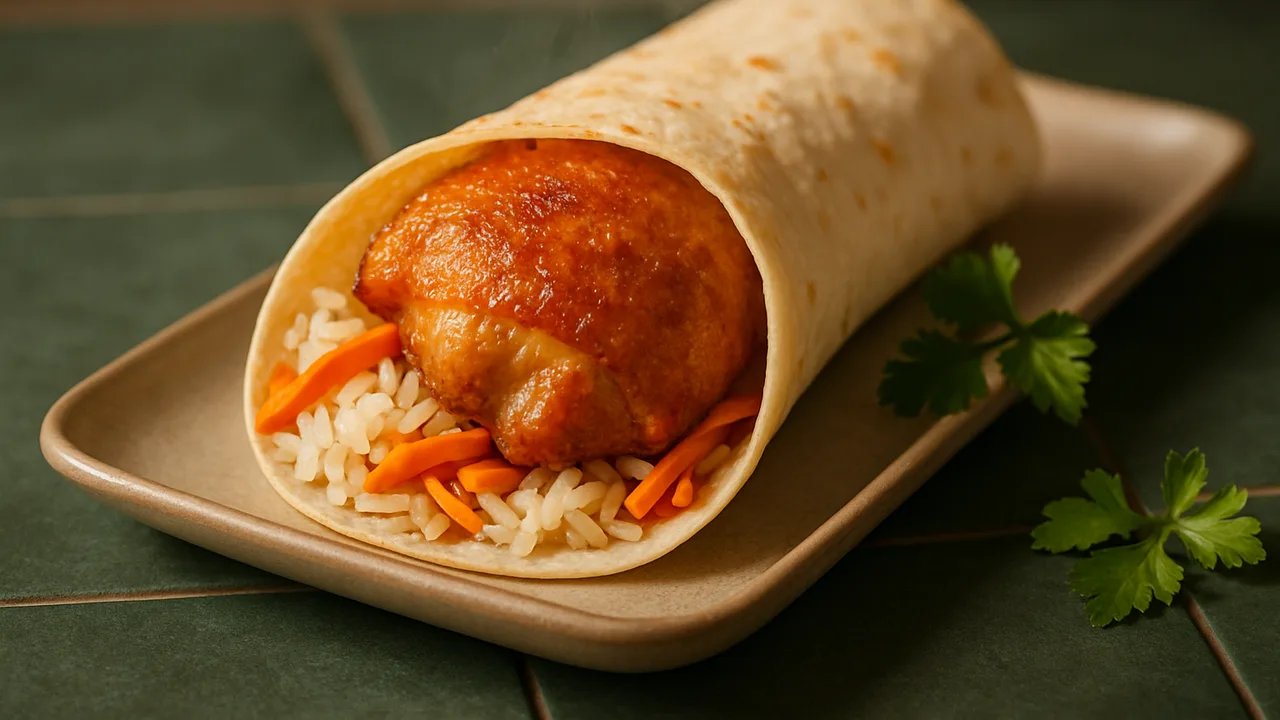 Hähnchenschenkel Wrap mit Karotte und Reis aus dem Airfryer mit Hähnchenschenkel und Karotten, auf dunkelgrünen Fliesen …