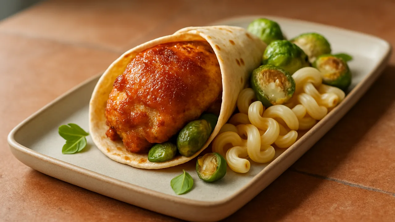 Hähnchenschenkel Wrap mit Rosenkohl und Nudeln aus dem Airfryer mit Hähnchenschenkel und Rosenkohl, auf Terracotta-Fliesen …