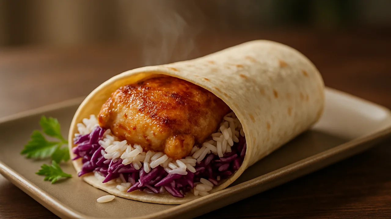 Hähnchenschenkel Wrap mit Rotkohl und Reis aus dem Airfryer mit Hähnchenschenkel, ohne Knochen und Rotkohl, auf dunklem …