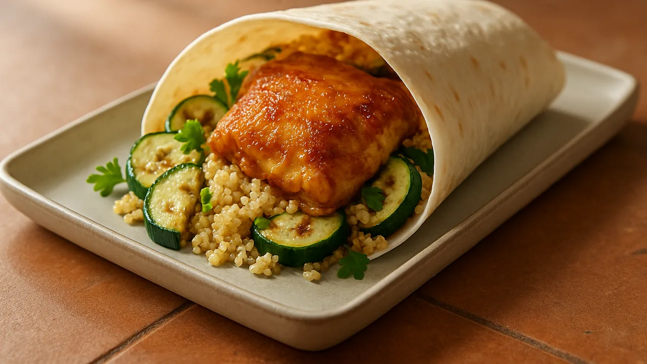 Hähnchenschenkel-Wrap mit Zucchini und Couscous aus dem Airfryer mit Hähnchenschenkel ohne Knochen und Zucchini, auf …