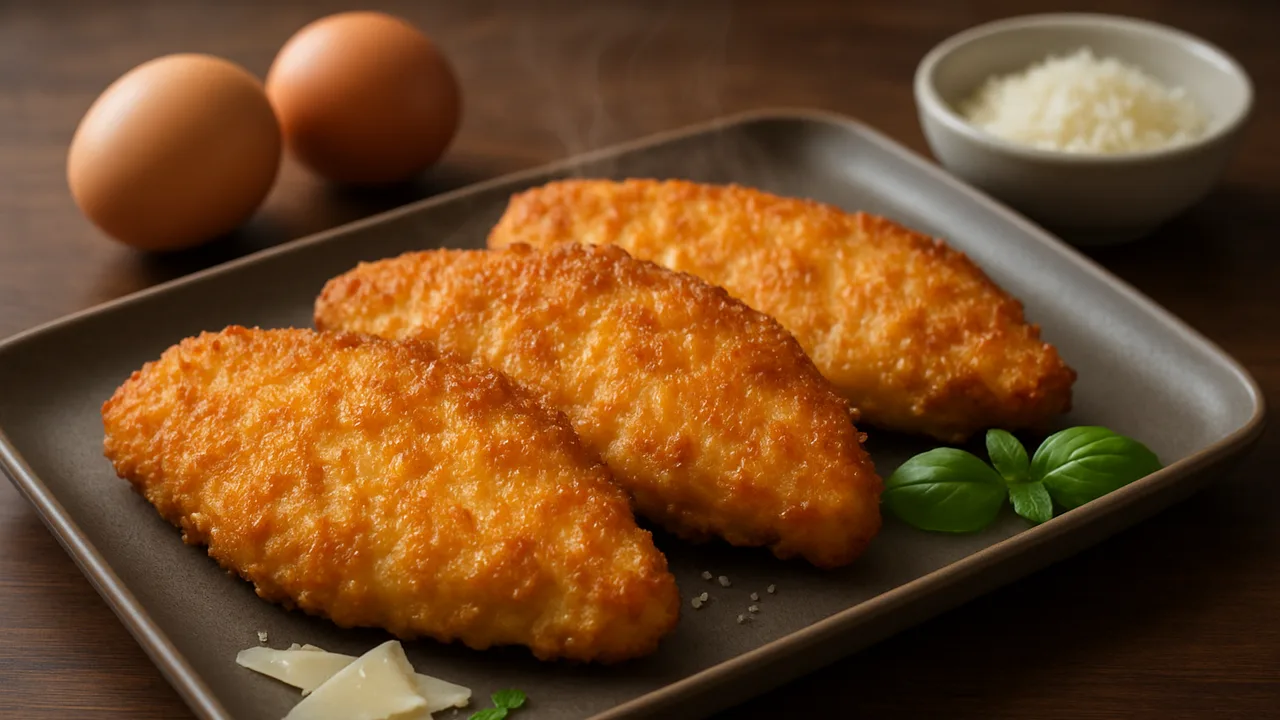 Hähnchenschnitzel mit Parmesan-Panade aus dem Airfryer mit Hähnchenbrustfilets und Eier, auf dunklem Walnussholz angerichtet.