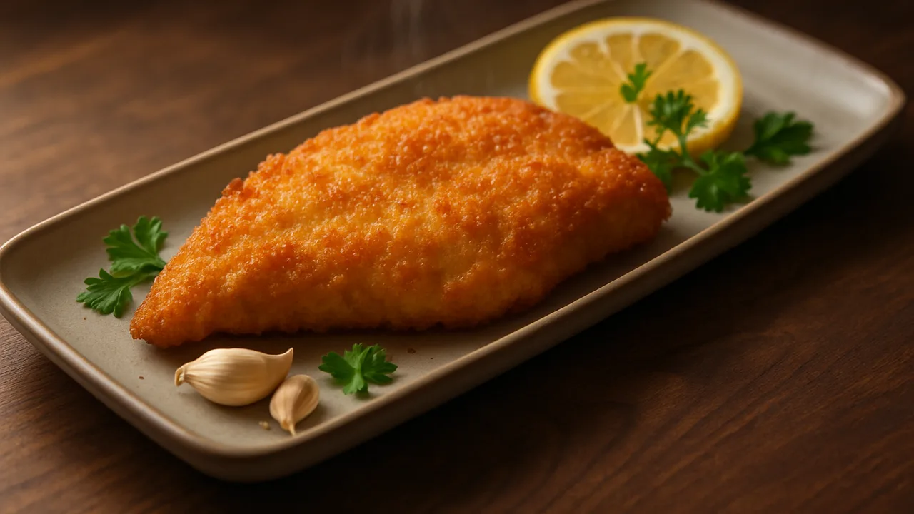 Hähnchenschnitzel natur mit Zitrone und Kräutern aus dem Airfryer mit Hähnchenbrust und Zitrone, auf dunklem Walnussholz …