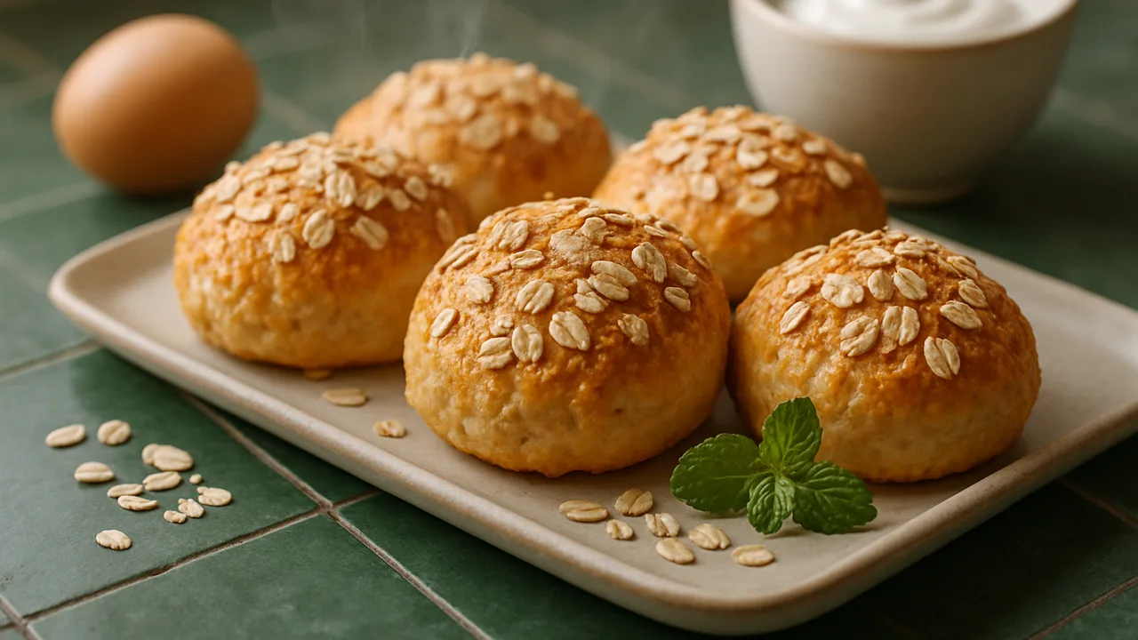Haferflocken-Brötchen mit Joghurt aus dem Airfryer mit Haferflocken und Naturjoghurt, auf dunkelgrünen Fliesen angerichtet.