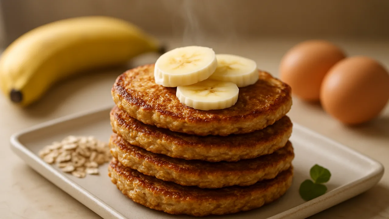 Haferflocken-Pancakes mit Banane ohne Mehl aus dem Airfryer mit Haferflocken und reife Banane, auf beigem Marmor angerichtet.