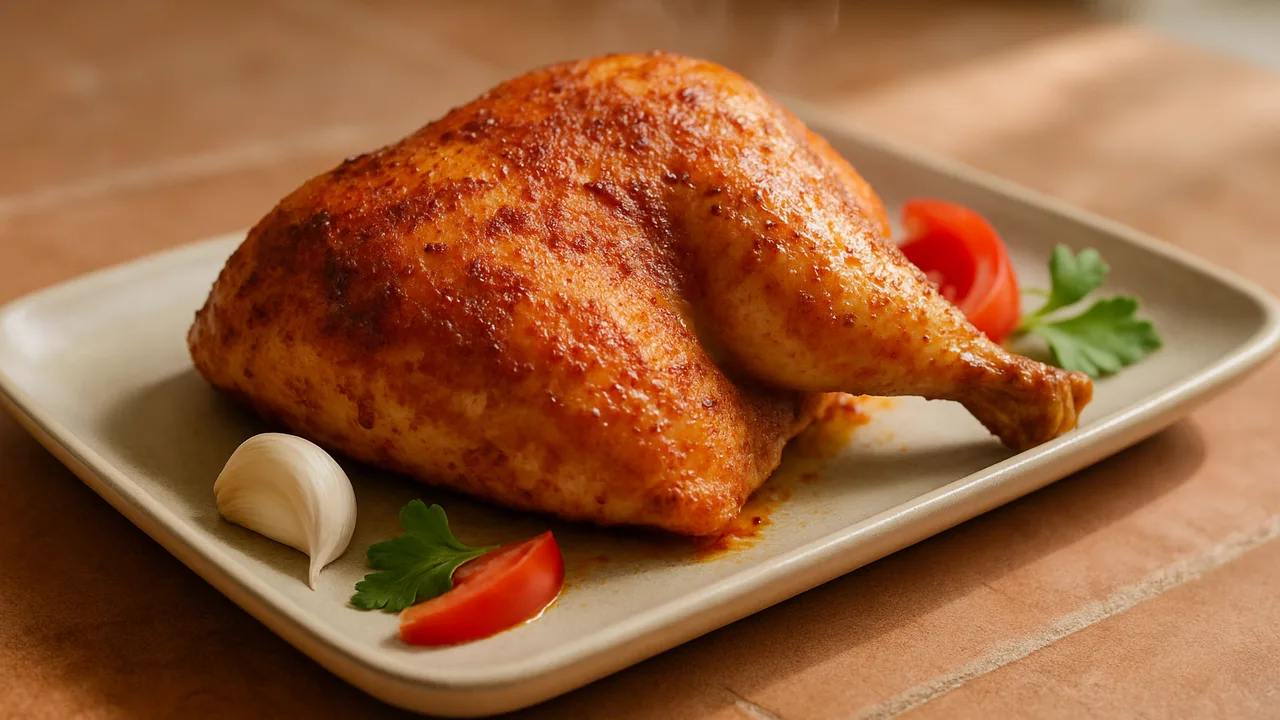 Halbes Hähnchen mit Paprika-Rub aus dem Airfryer mit Hähnchen, halbiert und Knoblauchpulver, auf Terracotta-Fliesen …