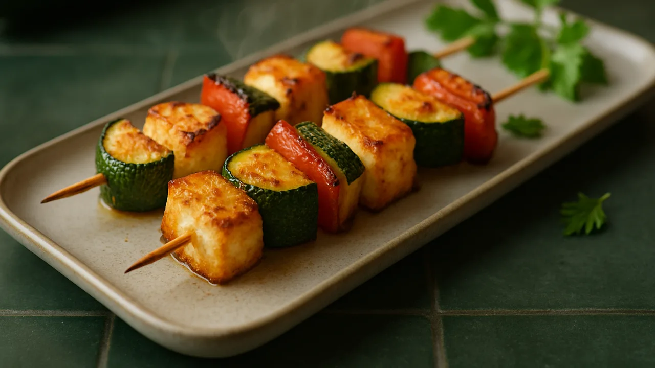 Halloumi-Gemüse-Spieße mit Zucchini und Paprika aus dem Airfryer mit Halloumi und Zucchini, auf dunkelgrünen Fliesen …