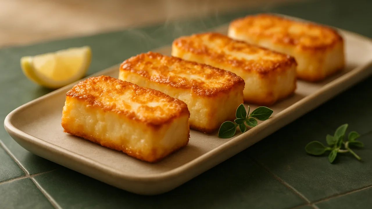 Halloumi im Airfryer – außen knusprig, innen weich mit Halloumi, auf dunkelgrünen Fliesen angerichtet.