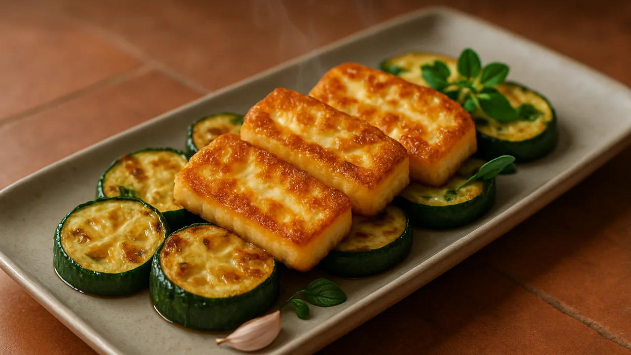 International Halloumi mit Zucchini aus dem Airfryer mit Halloumi und Zucchini, auf Terracotta-Fliesen angerichtet.
