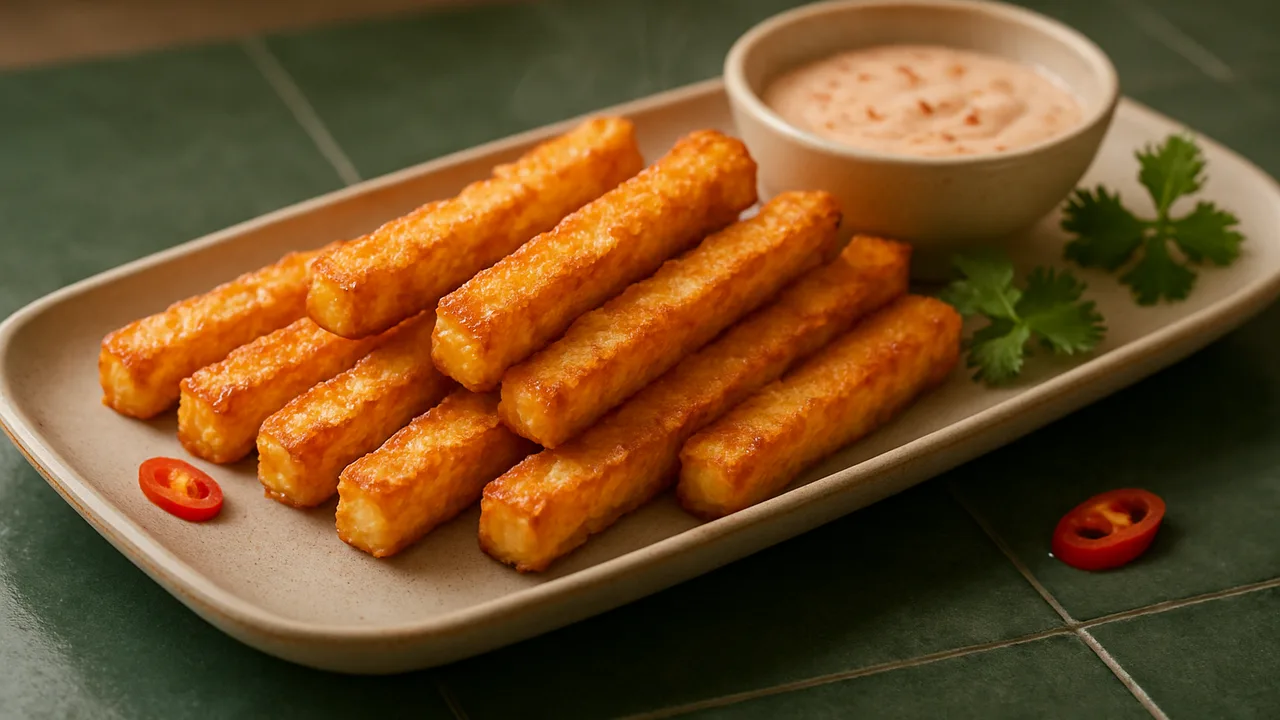 Halloumi-Pommes mit Chili-Dip aus dem Airfryer mit Halloumi und Speisestärke, auf dunkelgrünen Fliesen angerichtet.