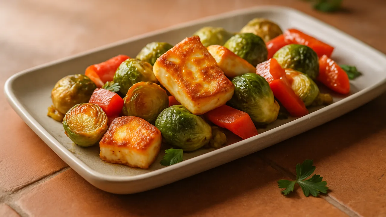 Halloumi-Rosenkohl-Pfanne aus dem Airfryer mit Rosenkohl und Halloumi, auf Terracotta-Fliesen angerichtet.