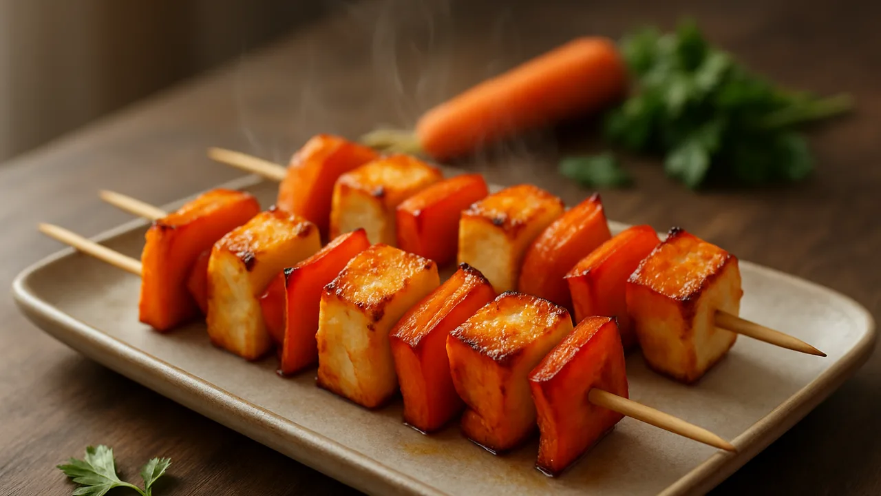 Halloumi-Spieße mit Karotten aus dem Airfryer mit Halloumi und Karotte, auf dunklem Walnussholz angerichtet.