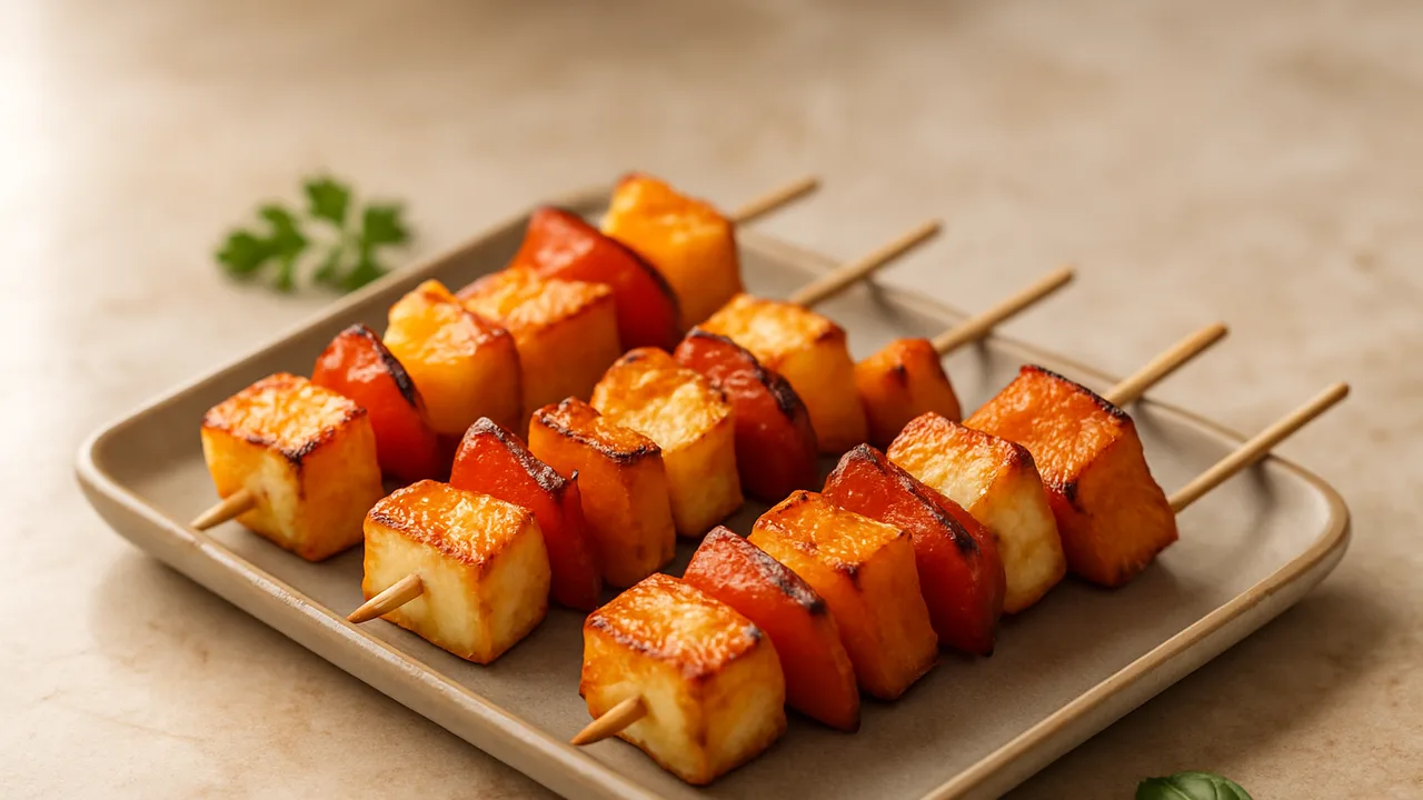 Halloumi-Spieße mit Kürbis aus dem Airfryer mit Halloumi und Kürbis, auf beigem Marmor angerichtet.