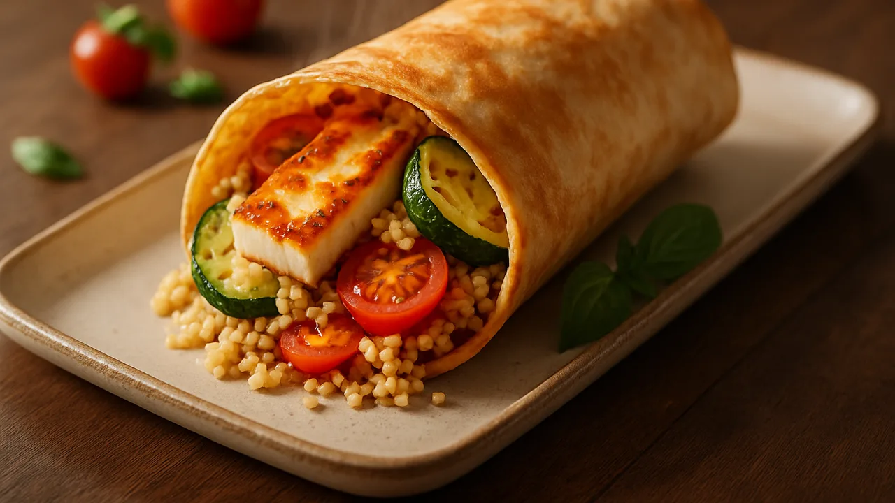 Halloumi Wrap mit Tomaten und Couscous aus dem Airfryer mit Halloumi und Tomaten, auf dunklem Walnussholz angerichtet.