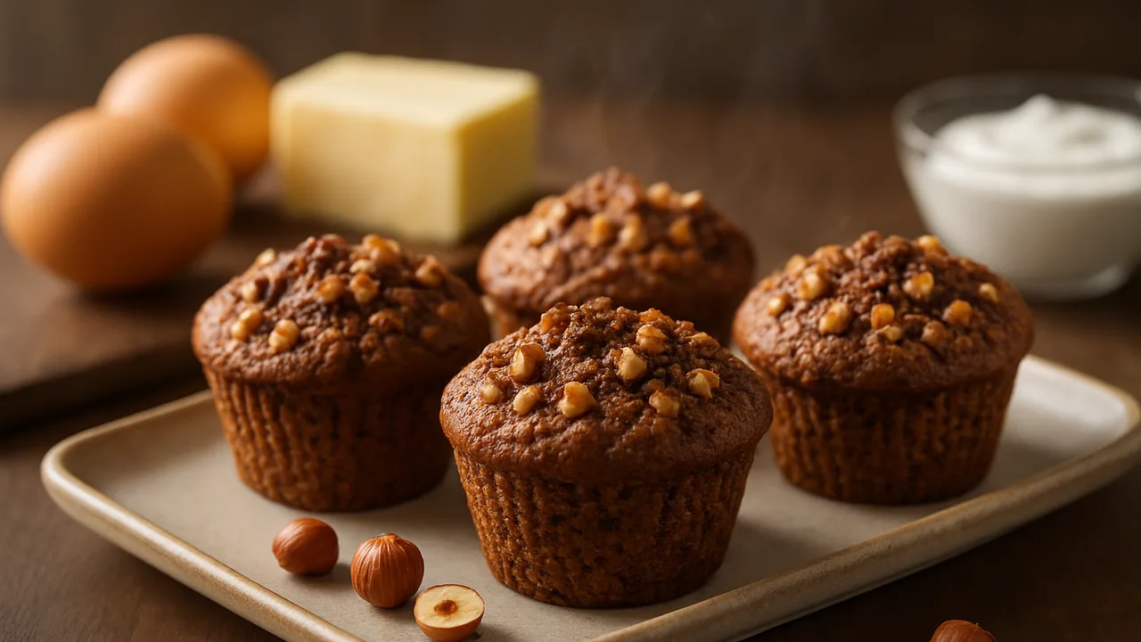 Haselnuss-Schoko-Muffins aus dem Airfryer mit Eier und Butter, auf dunklem Walnussholz angerichtet.