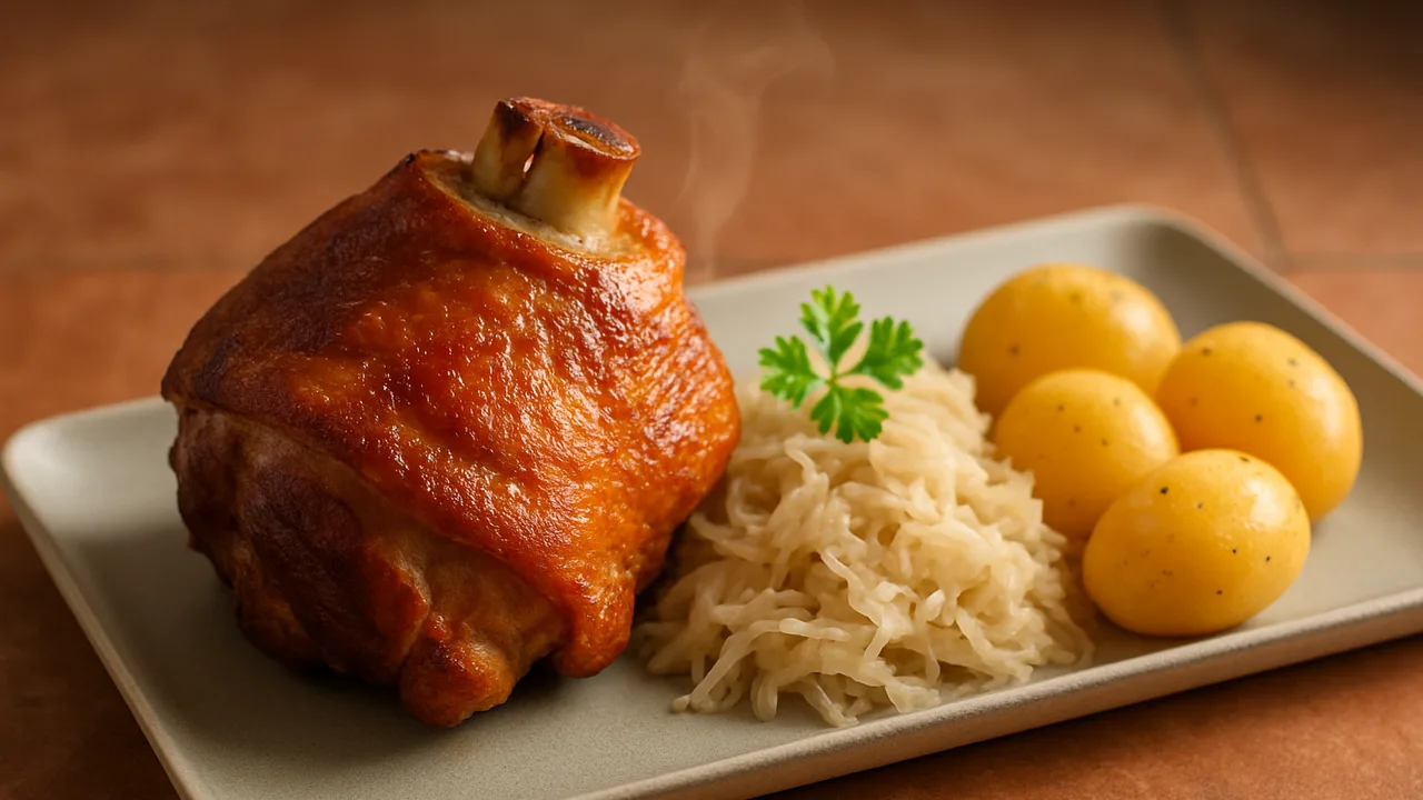 Haxe mit Kartoffeln und Kraut in zwei Zonen aus dem Airfryer mit Schweinshaxen und Kartoffeln, auf Terracotta-Fliesen …