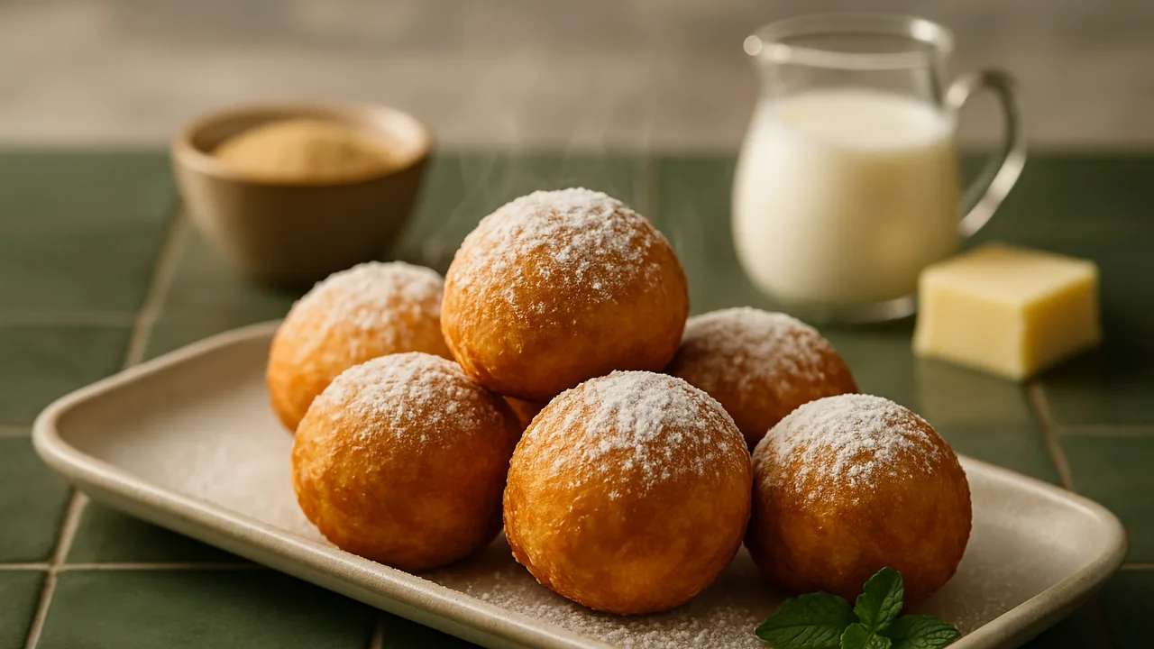 Hefebällchen mit Puderzucker nach Schmalzkuchen-Art aus dem Airfryer mit Trockenhefe und Milch, auf dunkelgrünen Fliesen …