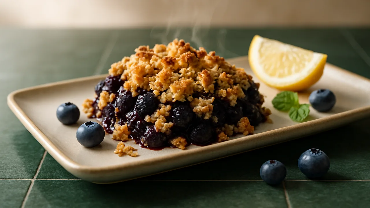 Heidelbeer-Crumble aus dem Airfryer mit Heidelbeeren und Zitrone, auf dunkelgrünen Fliesen angerichtet.