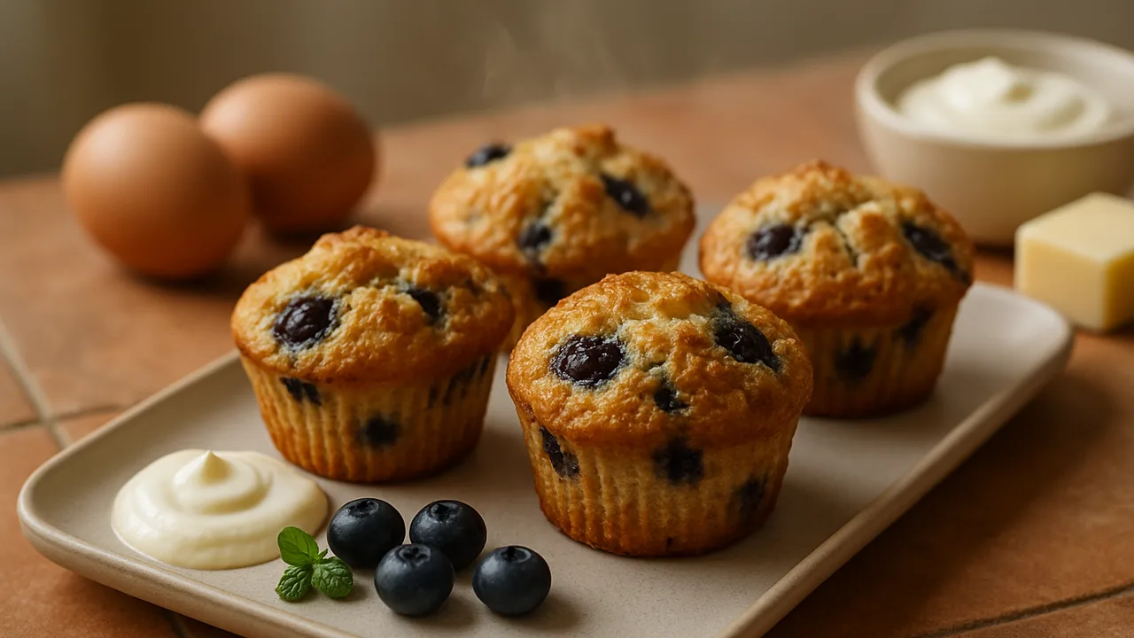 Heidelbeer-Muffins aus dem Airfryer mit Eier und Butter, auf Terracotta-Fliesen angerichtet.