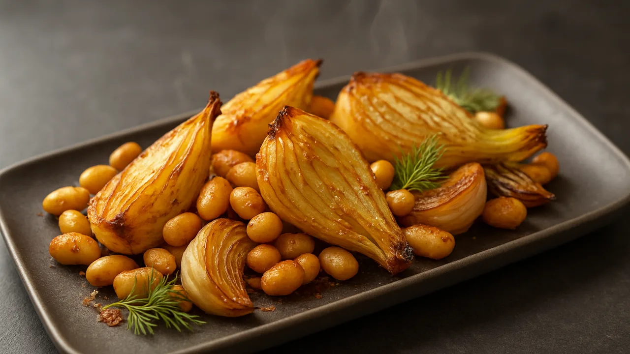 Herbstlich Fenchel-Weiße Bohnen-Röstchen aus dem Airfryer mit Fenchelknollen und weiße Bohnen, auf dunklem Schiefer …