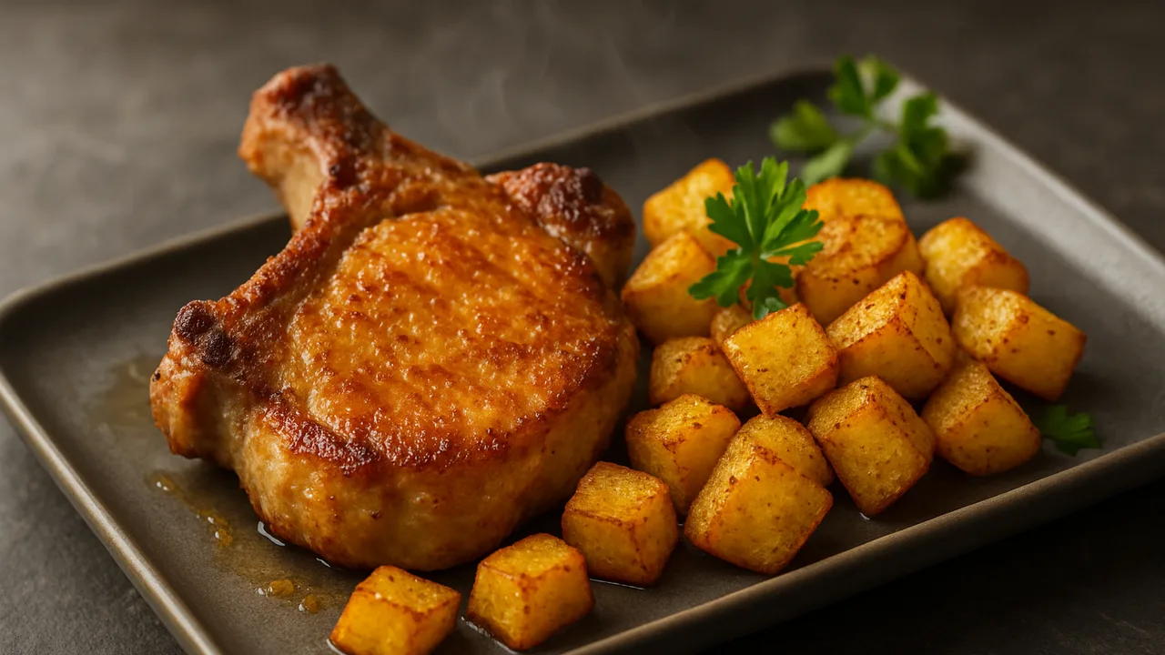 Herbstlich Kartoffel-Schweinekotelett-Röstchen aus dem Airfryer mit Schweinekotelett und Kartoffeln, auf dunklem Schiefer …