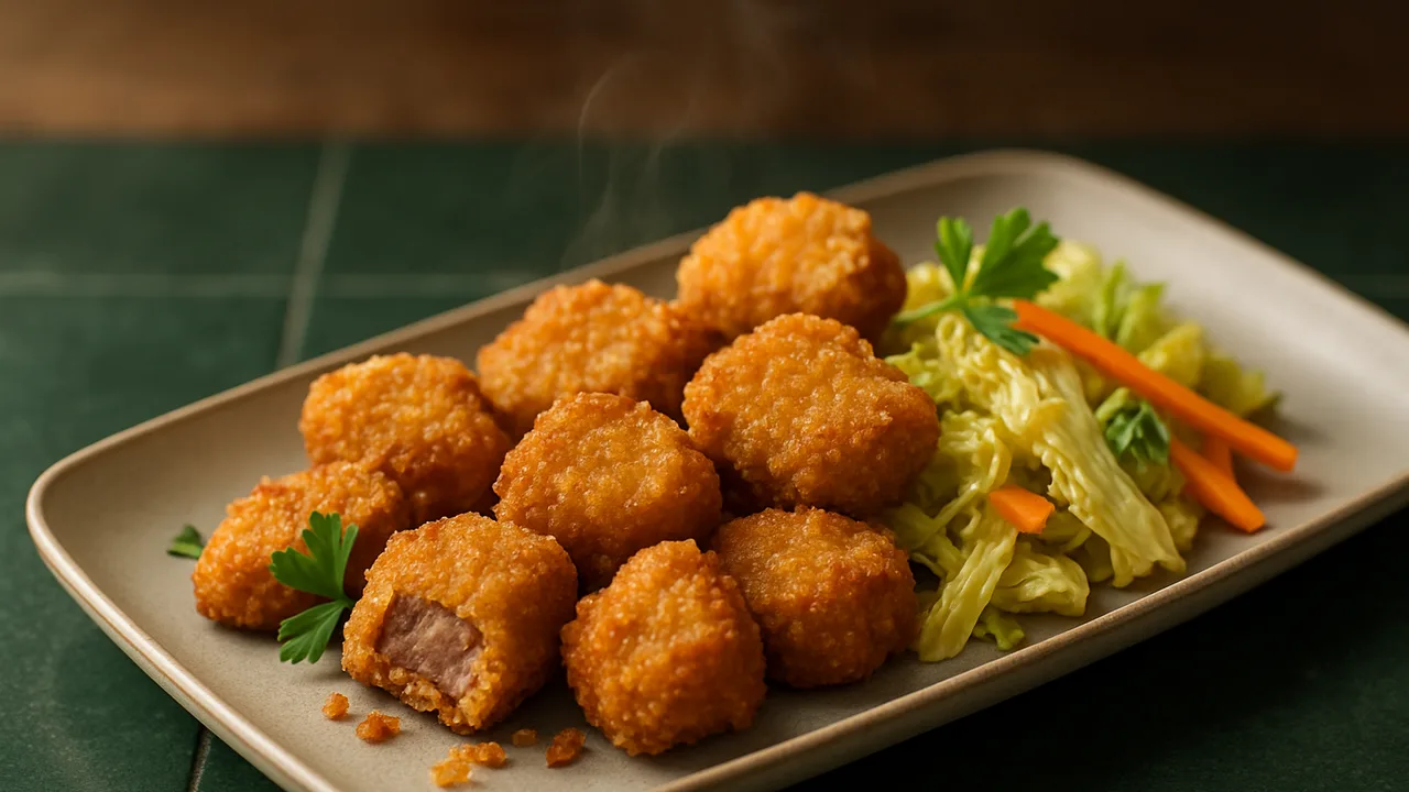 Herbstliche Rinderfilet-Nuggets mit Chinakohl aus dem Airfryer mit Rinderfilet und Chinakohl, auf dunkelgrünen Fliesen …