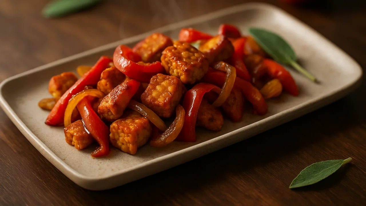 Herbstlich Tempeh mit Paprika aus dem Airfryer mit Tempeh und Paprika, auf dunklem Walnussholz angerichtet.