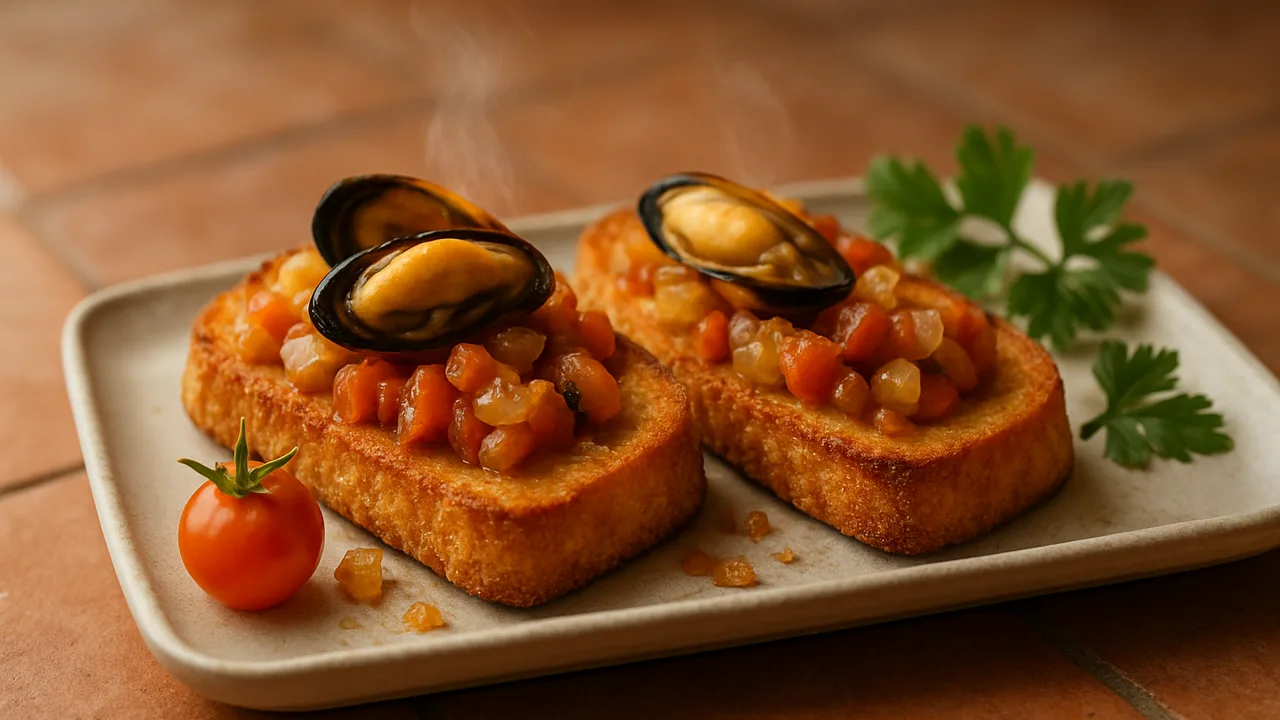 Herbstlich Tomate-Miesmuscheln-Röstchen aus dem Airfryer mit Miesmuscheln und Tomaten, auf Terracotta-Fliesen angerichtet.
