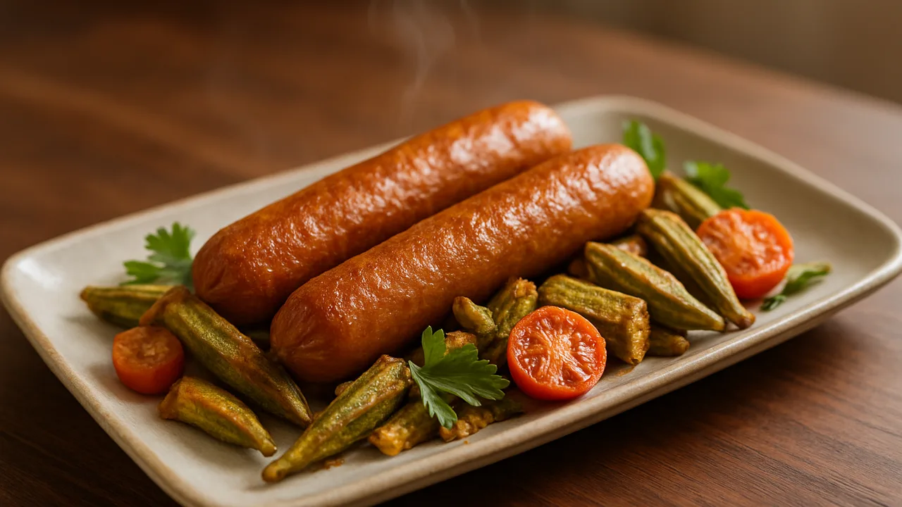 Herbstlich Wiener Würstchen mit Okra aus dem Airfryer mit Wiener Würstchen und Okra, auf dunklem Walnussholz angerichtet.