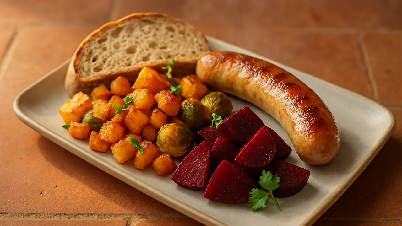 Herbstliche Bratwurst Bowl mit Brot und Rote Bete aus dem Airfryer mit Bratwurst und Rote Bete, auf Terracotta-Fliesen …