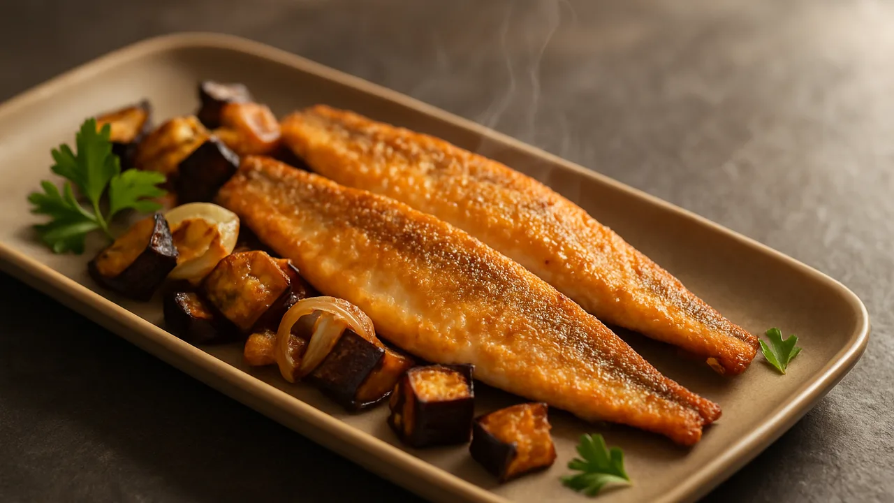 Herbstliche Forelle mit Aubergine aus dem Airfryer mit Forellenfilets und Aubergine, auf dunklem Schiefer angerichtet.