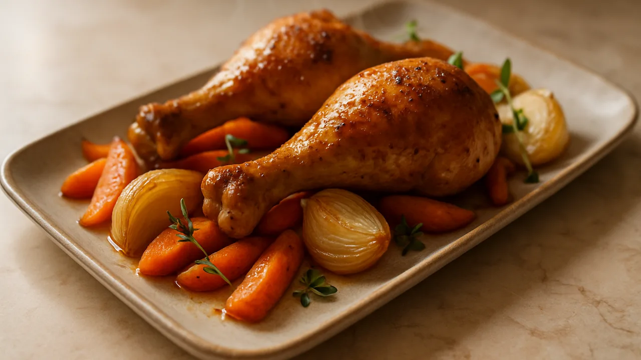 Herbstliche Hähnchenschenkel-Zwiebel-Schale aus dem Airfryer mit Hähnchenschenkel und Zwiebeln, auf beigem Marmor …