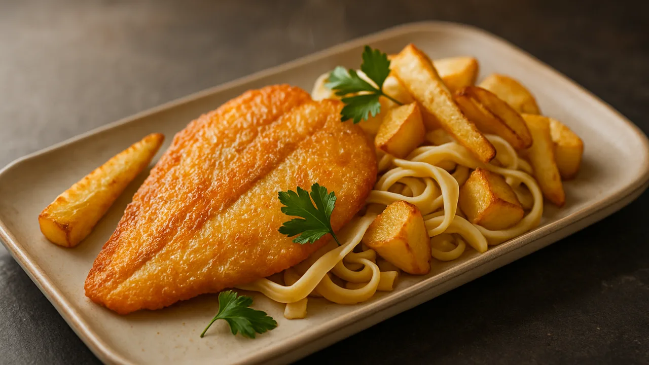 Herbstliche Scholle-Bowl mit Nudeln und Pastinake aus dem Airfryer mit Schollenfilet und Pastinake, auf dunklem Schiefer …