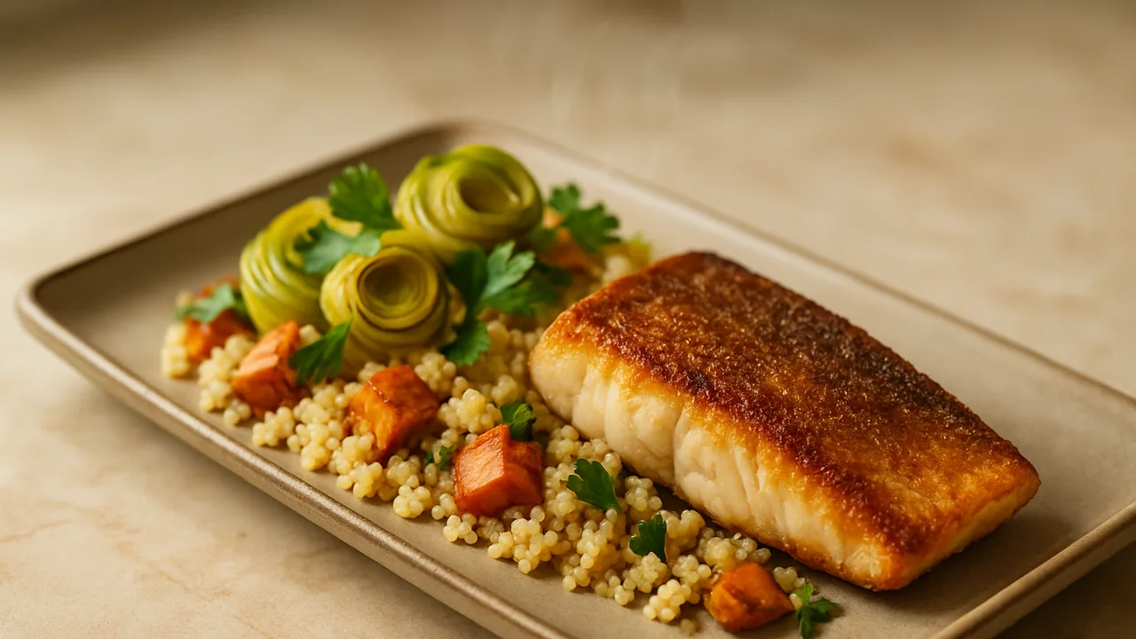Herbstlich Zander Bowl mit Couscous und Lauch aus dem Airfryer mit Zanderfilet und Couscous, auf beigem Marmor angerichtet.