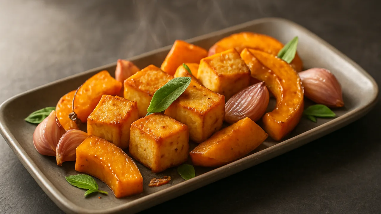 Herbstlicher Tofu mit Schalotte aus dem Airfryer mit Tofu und Schalotten, auf dunklem Schiefer angerichtet.