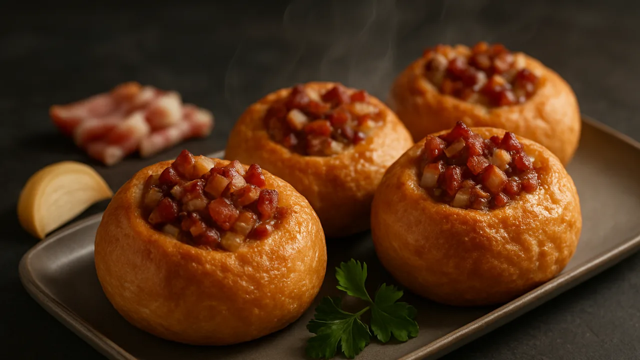 Herzhafte Brötchen mit Speck und Zwiebeln gefüllt aus dem Airfryer mit Brötchen und Speck, auf dunklem Schiefer angerichtet.
