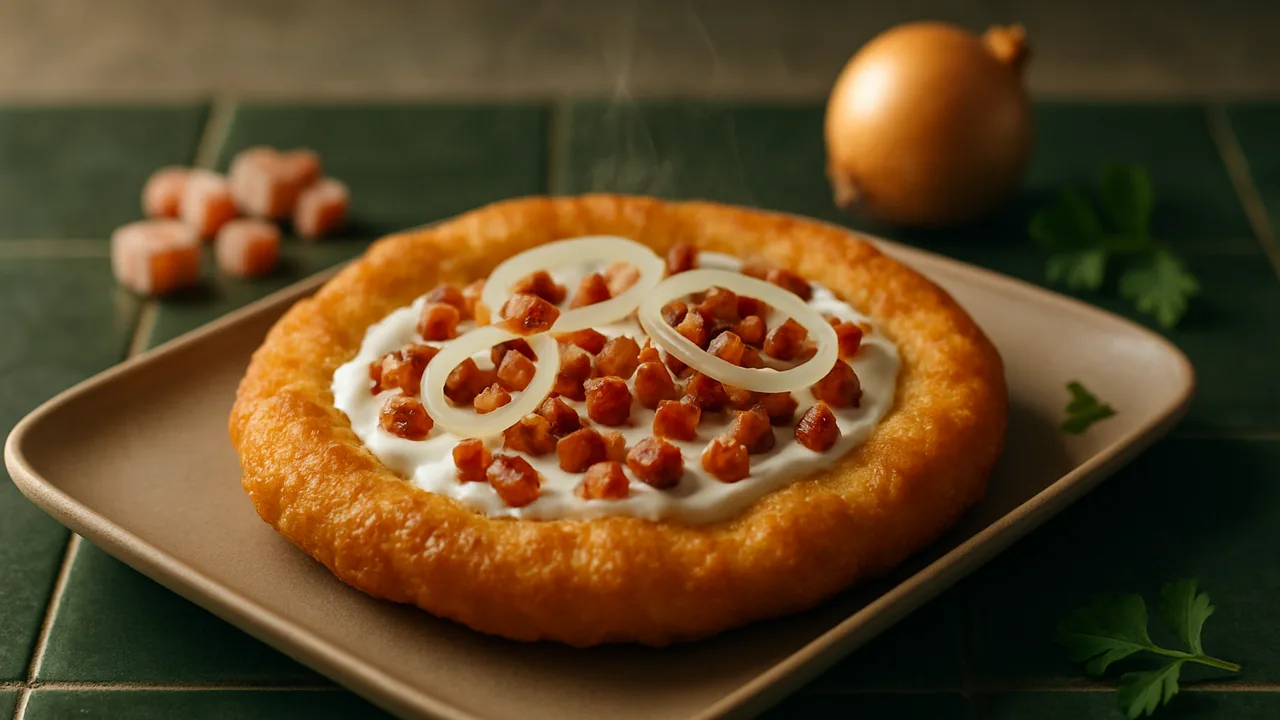 Herzhafter Langos mit Speck und Zwiebeln aus dem Airfryer mit Trockenhefe und Milch, auf dunkelgrünen Fliesen angerichtet.
