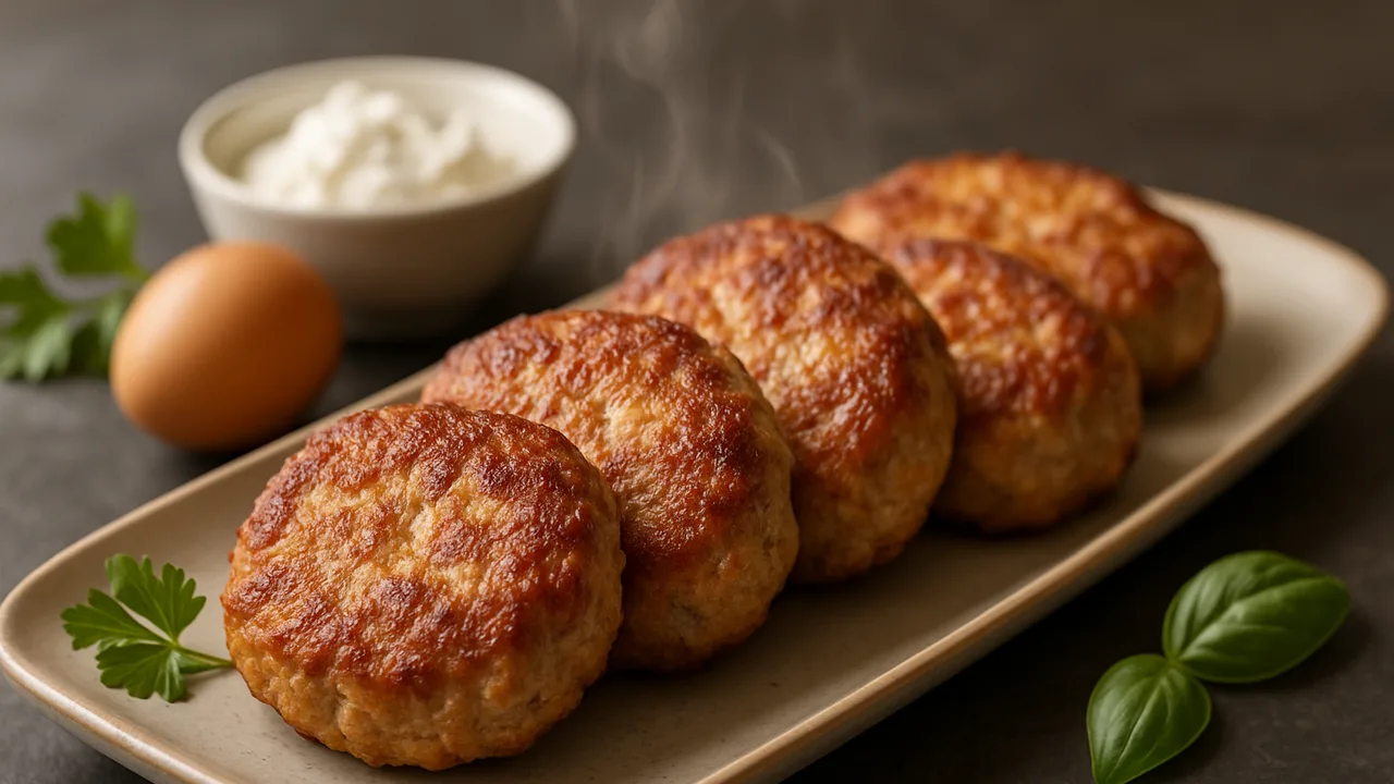 High-Protein-Frikadellen mit Quark und Putenhack aus dem Airfryer mit Putenhackfleisch und Magerquark, auf dunklem Schiefer …