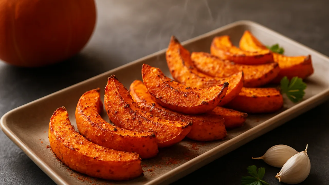 Hokkaido-Wedges mit Paprika-Gewürz aus dem Airfryer mit Hokkaidokürbis und Knoblauchpulver, auf dunklem Schiefer angerichtet.