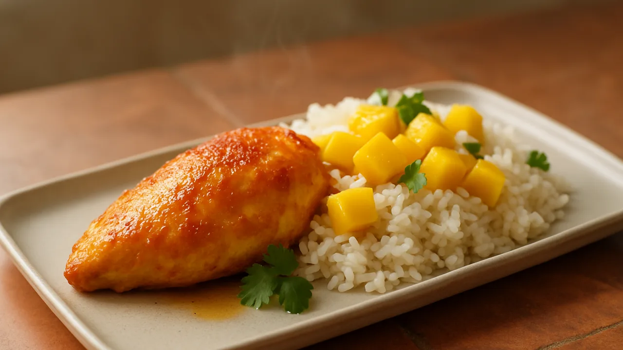 Honig-Mango-Hähnchen mit Reis aus dem Airfryer mit Hähnchenbrust und Mango, auf Terracotta-Fliesen angerichtet.