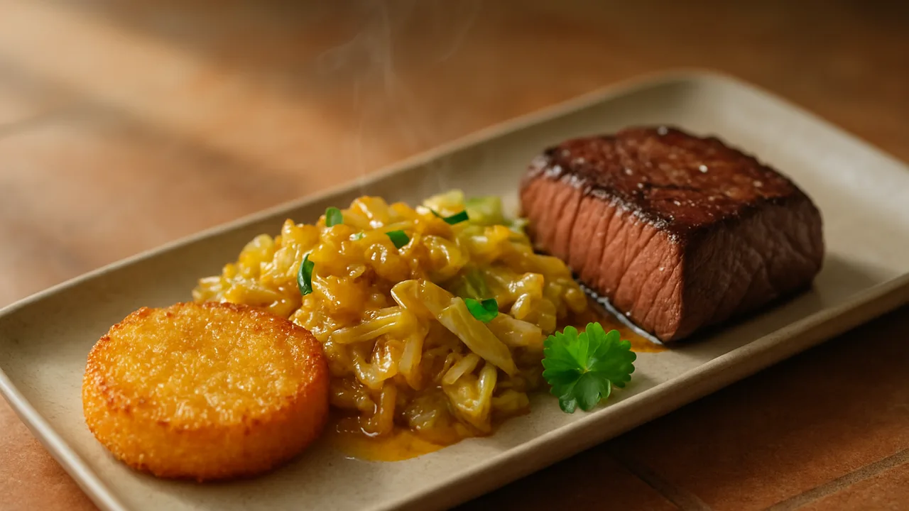 Honig-Senf-Chinakohl-Rinderfilet-Röstchen aus dem Airfryer mit Rinderfilet und Chinakohl, auf Terracotta-Fliesen angerichtet.