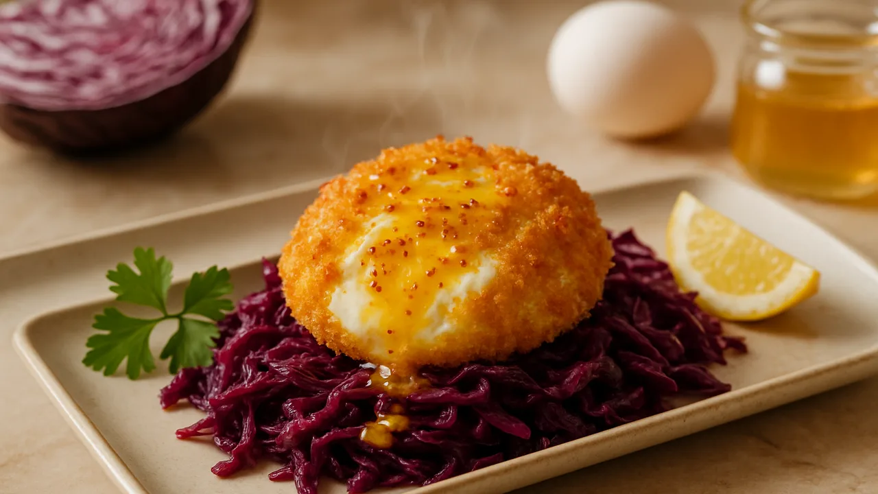 Honig-Senf-Ei mit Rotkohl aus dem Airfryer mit Rotkohl und Eier, auf beigem Marmor angerichtet.