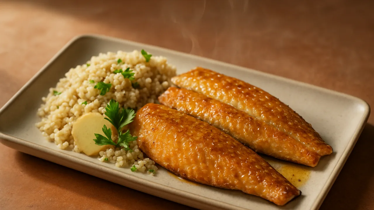 Honig-Senf-Forelle Bowl mit Quinoa und Ingwer aus dem Airfryer mit Forellenfilets und Honig, auf Terracotta-Fliesen …
