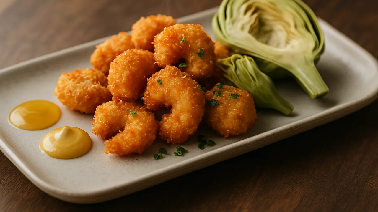 Honig-Senf-Garnelen Nuggets mit Artischocke aus dem Airfryer mit Garnelen und Honig, auf dunklem Walnussholz angerichtet.