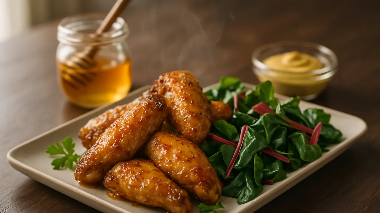 Honig-Senf-Hähnchenflügel-Mangold-Schale aus dem Airfryer mit Hähnchenflügel und Honig, auf dunklem Walnussholz angerichtet.