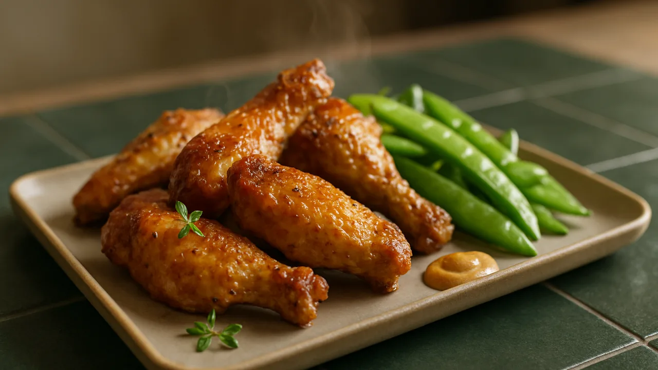 Honig-Senf-Hähnchenflügel mit Zuckerschoten aus dem Airfryer mit Hähnchenflügel und Honig, auf dunkelgrünen Fliesen …